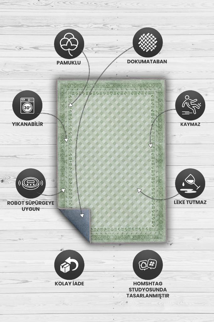 Etnik Desenli Yeşil Renkli Halı Vintage Bordürlü Halı Geometrik Desenli Dijital Baskı Halı