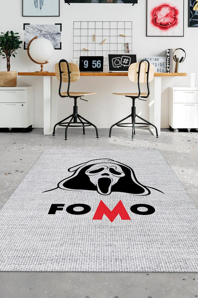 Fomo Beyaz Renkli Halı Baskı Halı Eğlenceli Halı Figürlü Salon Halısı Dokuma Tabanlı Halı