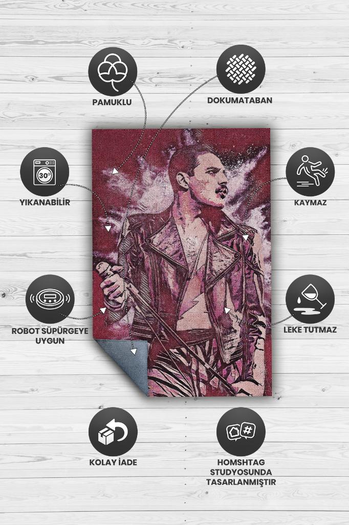 Freddie Mercury Renkli Müzisyen Halı Müzsik Severe Hediyelik Halı Geometrik Müzisyen Halı