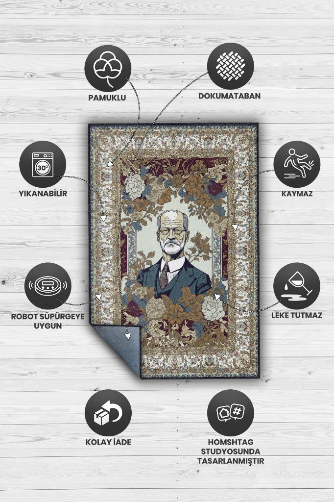 Freud ,Modern Çiçek Desenli Art Deco Vintage Halı,Çok Renkli Maksimalist Halı