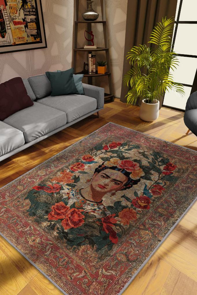 Frida Kahlo,Modern Çiçek Desenli Art Deco Vintage Halı,Çok Renkli Maksimalist Halı