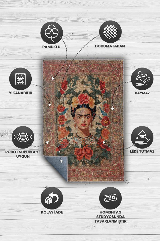 Frida Kahlo,Modern Çiçek Desenli Art Deco Vintage Halı,Çok Renkli Maksimalist Halı