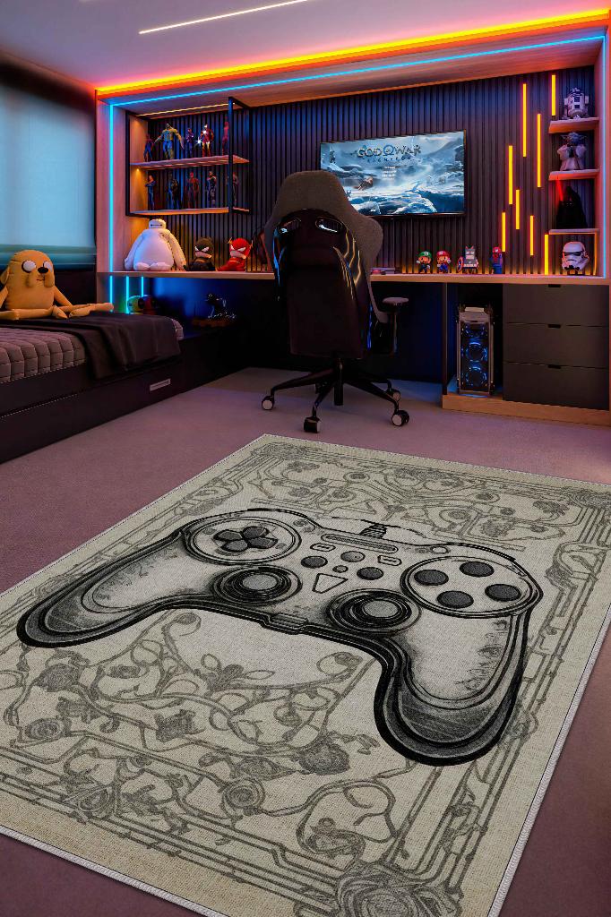 Gamer Odası Bej Halı,Krem Renkli Genç Odası halısı,Açık Renkli Oyuncu Odası Halısı,Krem Çocuk Odası Halısı