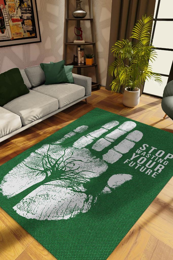 Geleceğini İsraf Etme Bej Renkli Halı Doğa Severler İçin Hediyelik Yeşil Renk Yazlık Halı