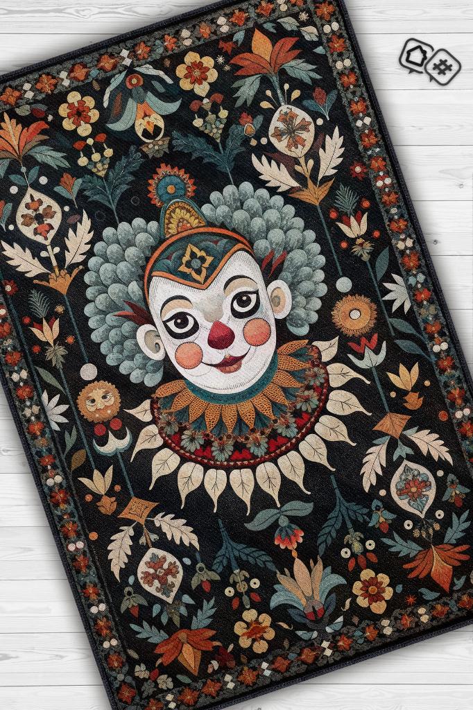 Geleneksel Palyaço Temalı Halı Siyah Çiçekli Oturma Odası Halısı Hediyelik Palyaço Halısı