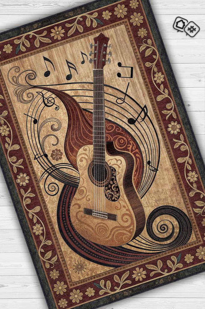 Gitar Halısı Pop Art Müzik Halısı Müzik Gitar Figürlü Kahve Renkli Modern Halı