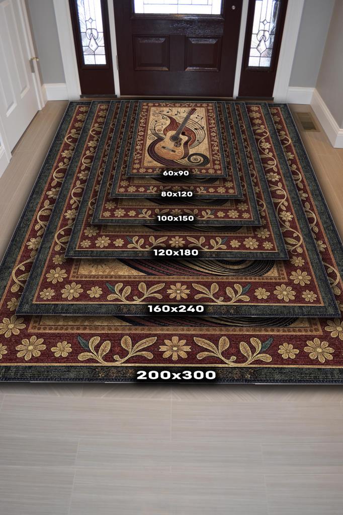 Gitar Halısı Pop Art Müzik Halısı Müzik Gitar Figürlü Kahve Renkli Modern Halı