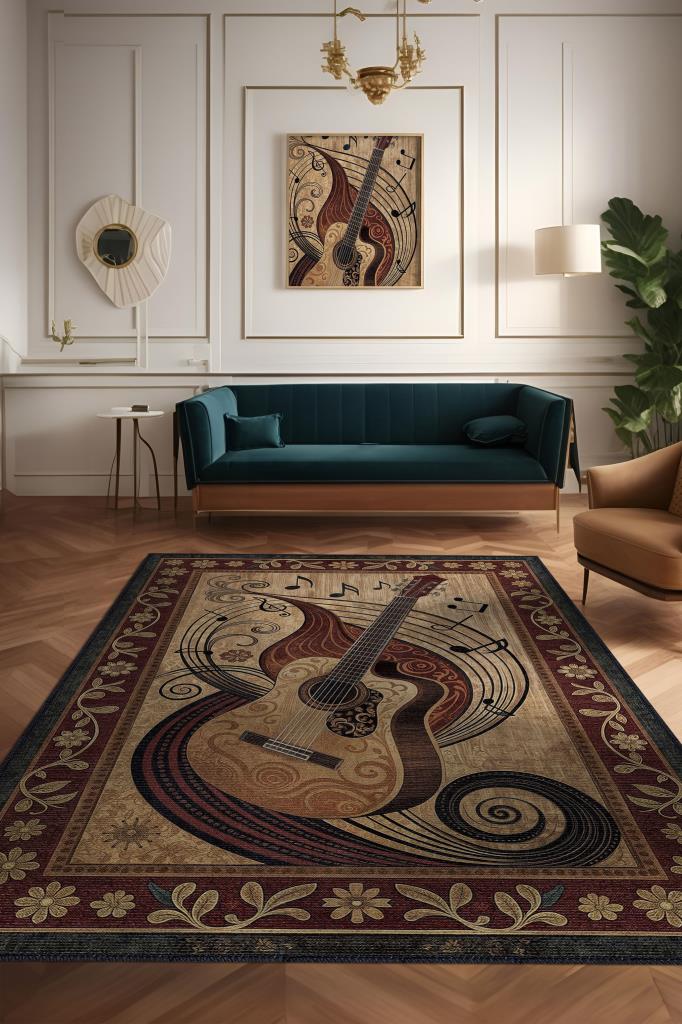 Gitar Halısı Pop Art Müzik Halısı Müzik Gitar Figürlü Kahve Renkli Modern Halı