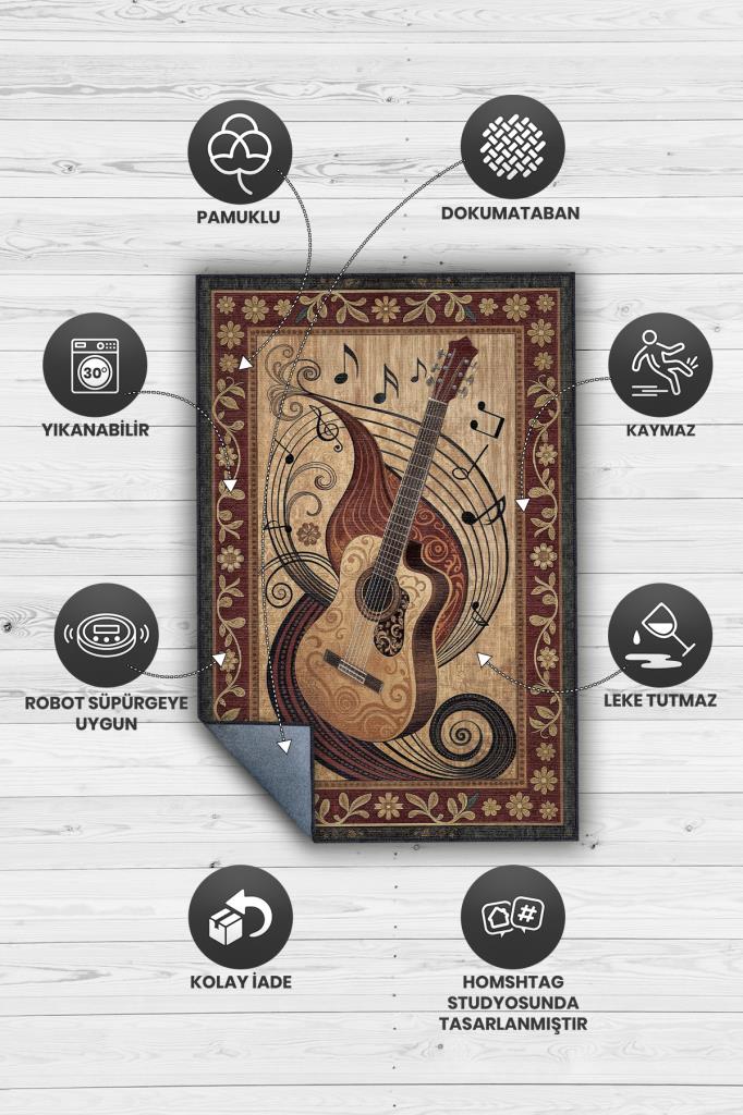 Gitar Halısı Pop Art Müzik Halısı Müzik Gitar Figürlü Kahve Renkli Modern Halı
