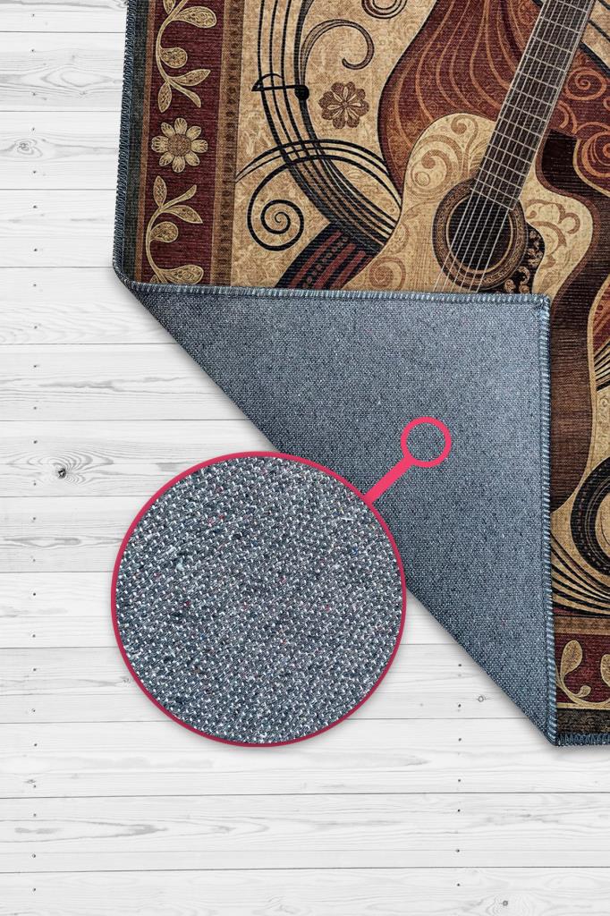 Gitar Halısı Pop Art Müzik Halısı Müzik Gitar Figürlü Kahve Renkli Modern Halı