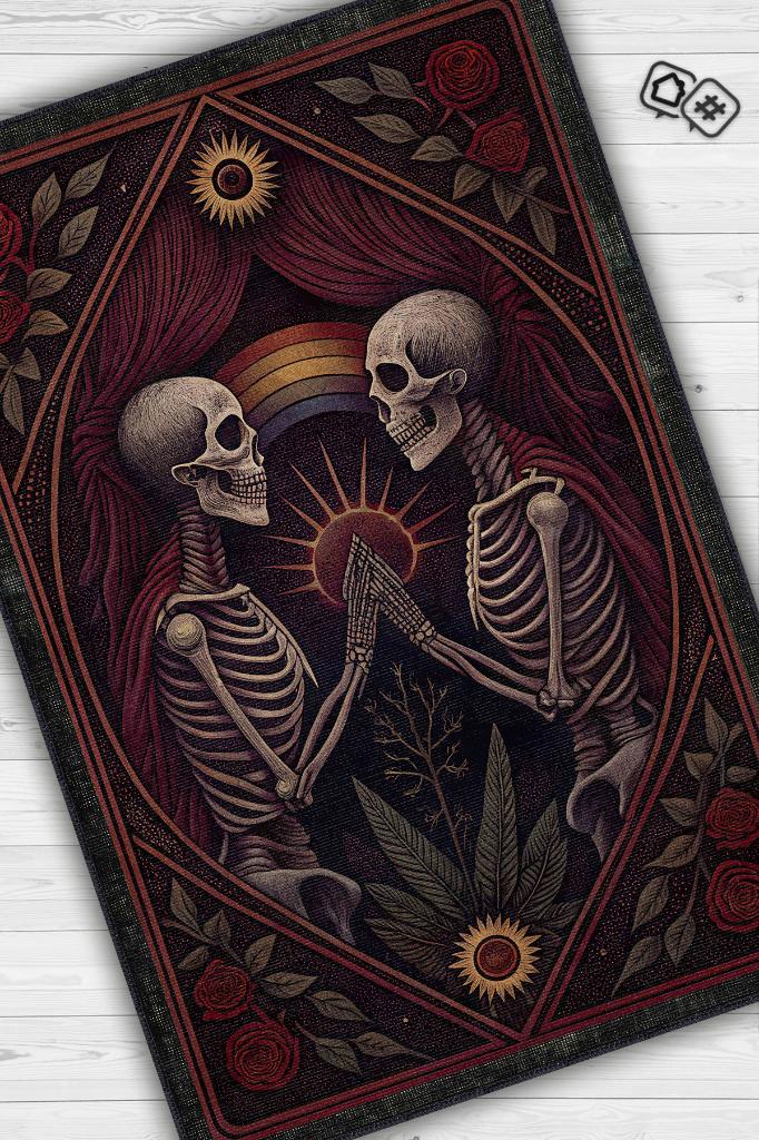 Gökkuşağı Ve İskelet Temalı Halı Koyu Renkli Retro Oturma Odası Halısı İskelet Figürlü Halı