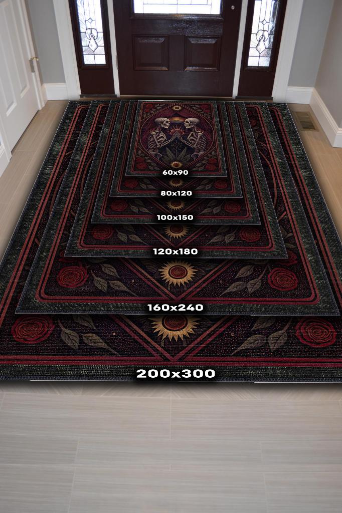 Gökkuşağı Ve İskelet Temalı Halı Koyu Renkli Retro Oturma Odası Halısı İskelet Figürlü Halı