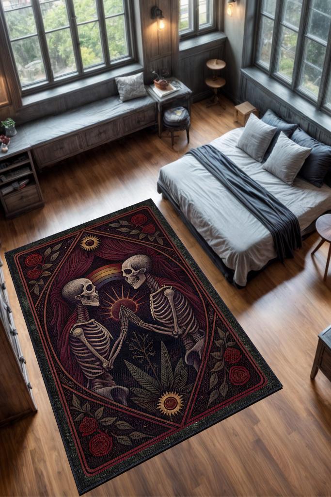 Gökkuşağı Ve İskelet Temalı Halı Koyu Renkli Retro Oturma Odası Halısı İskelet Figürlü Halı