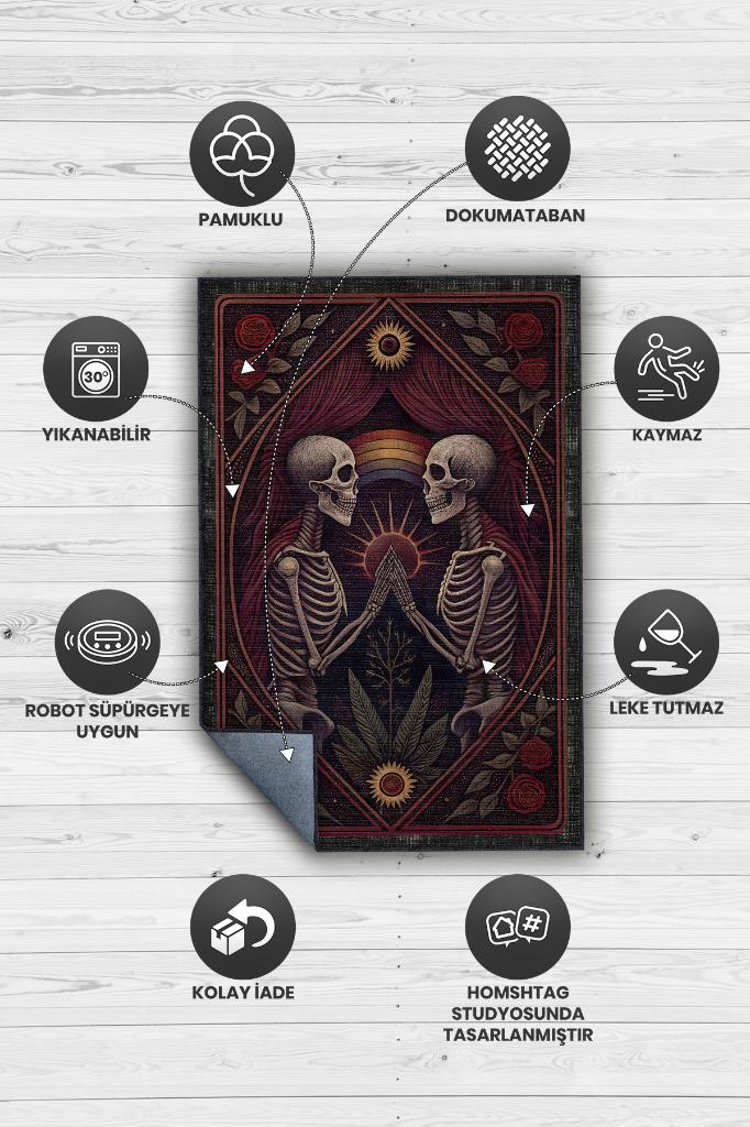 Gökkuşağı Ve İskelet Temalı Halı Koyu Renkli Retro Oturma Odası Halısı İskelet Figürlü Halı