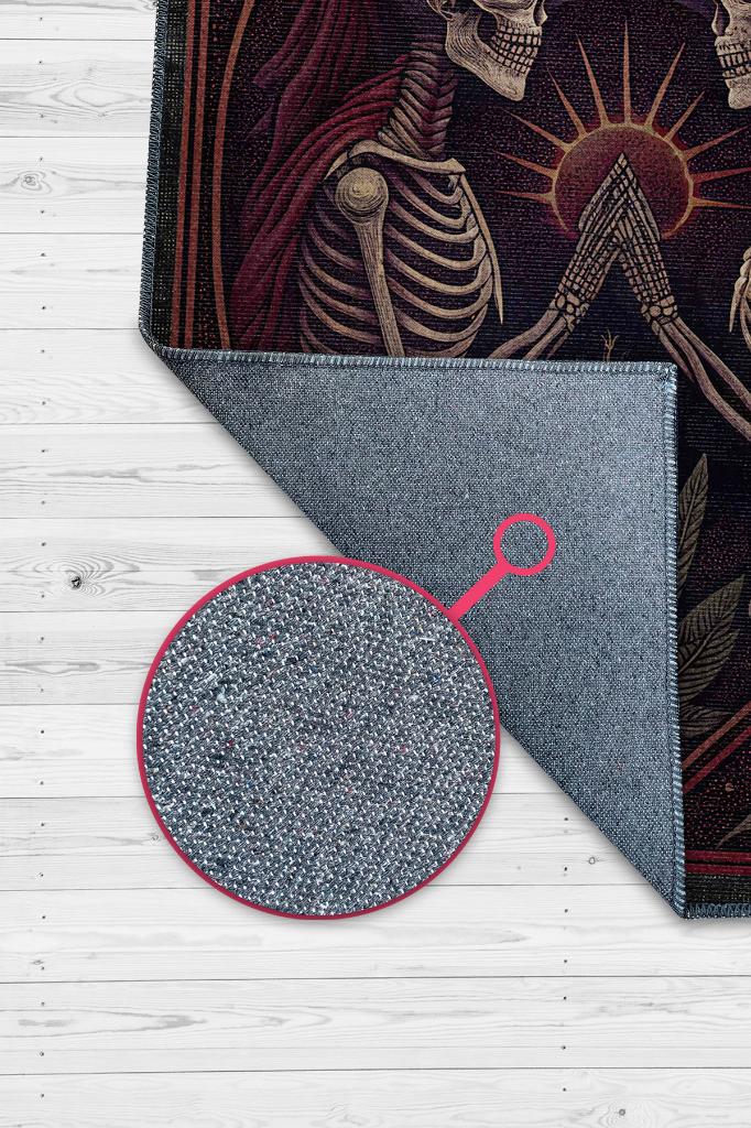 Gökkuşağı Ve İskelet Temalı Halı Koyu Renkli Retro Oturma Odası Halısı İskelet Figürlü Halı