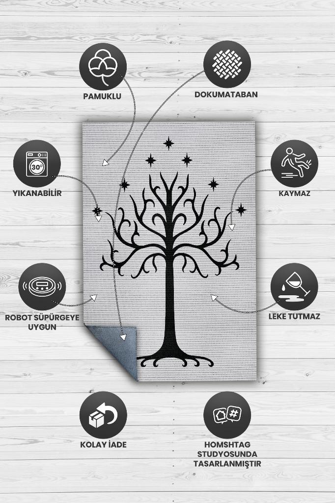 Gondor Ağacı Film Desenli Gri Siyah Renk Yüzüklerin Efendisi Halısı Film Sever Temalı Halı