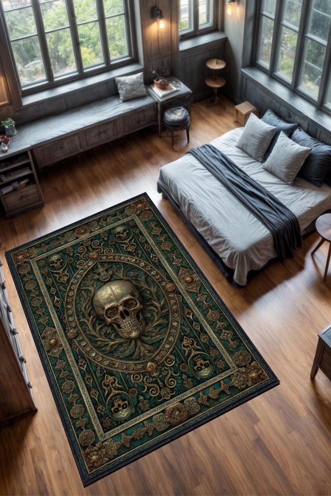 Gotik Cadı Ormanı Temalı Halı Koyu Renkli Retro Oturma Odası Halısı Kuru Kafalı Halı