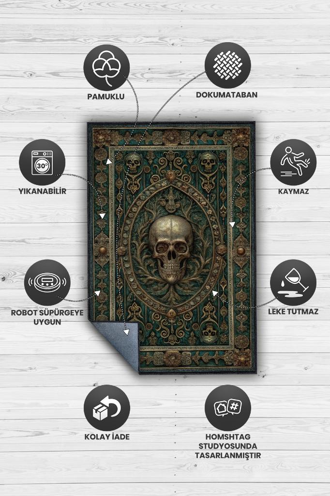 Gotik Cadı Ormanı Temalı Halı Koyu Renkli Retro Oturma Odası Halısı Kuru Kafalı Halı