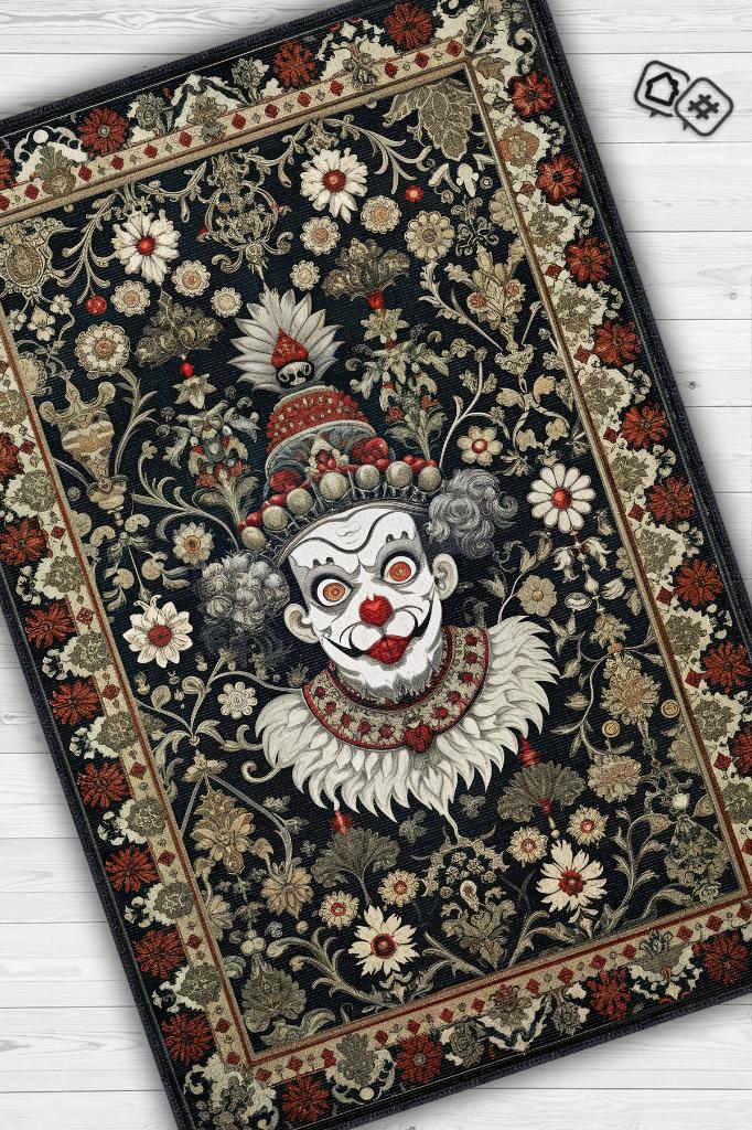 Gotik Palyaço Temalı Halı Siyah Çiçekli Oturma Odası Halısı Etnik Hediyelik Palyaço Halısı
