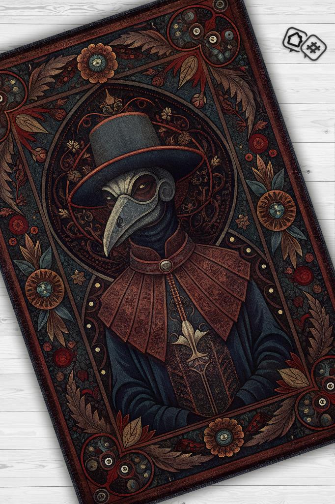 Gotik Veba Doktoru Temalı Halı Koyu Renkli Retro Oturma Odası Halısı Karanlık Halısı