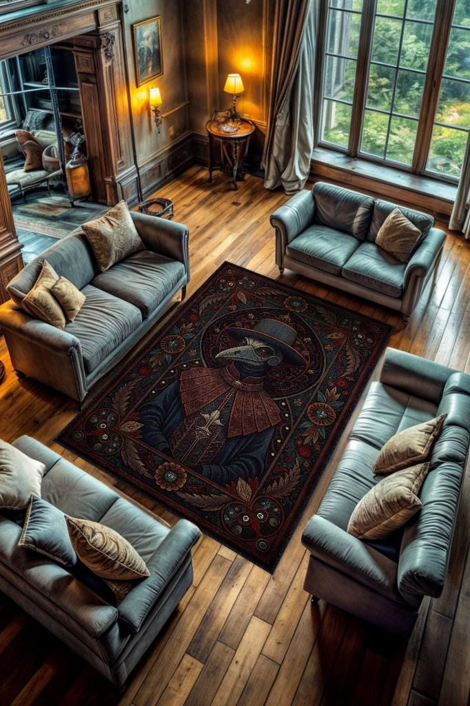Gotik Veba Doktoru Temalı Halı Koyu Renkli Retro Oturma Odası Halısı Karanlık Halısı