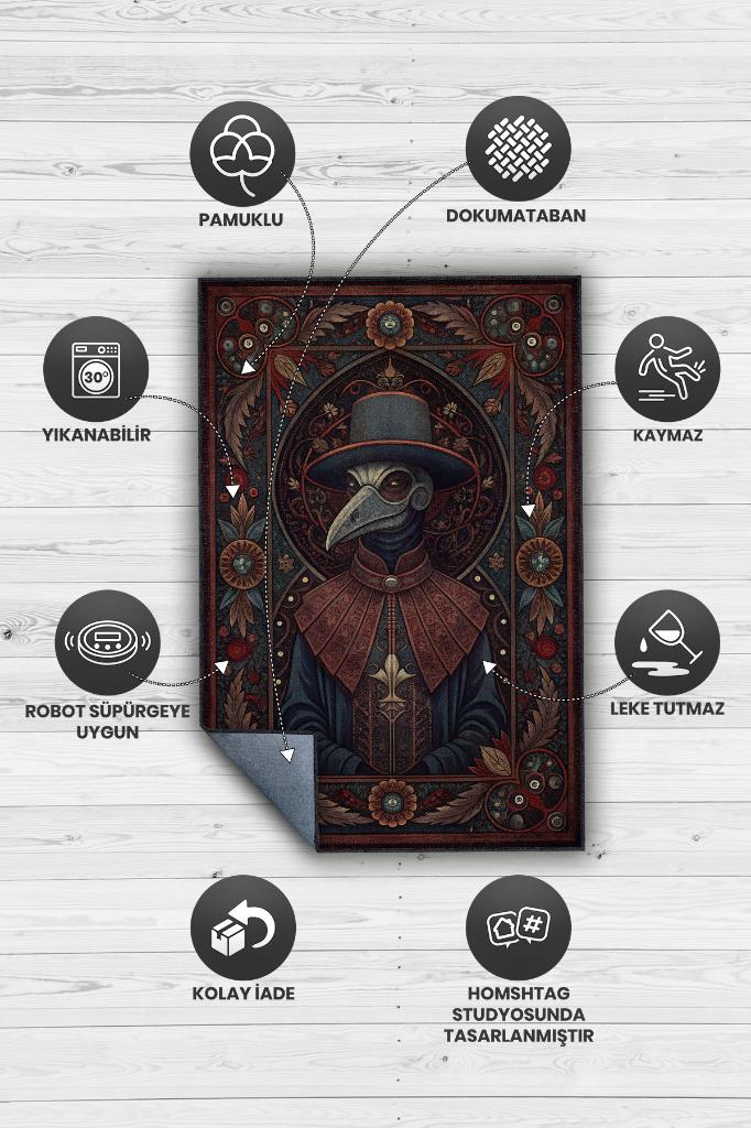 Gotik Veba Doktoru Temalı Halı Koyu Renkli Retro Oturma Odası Halısı Karanlık Halısı