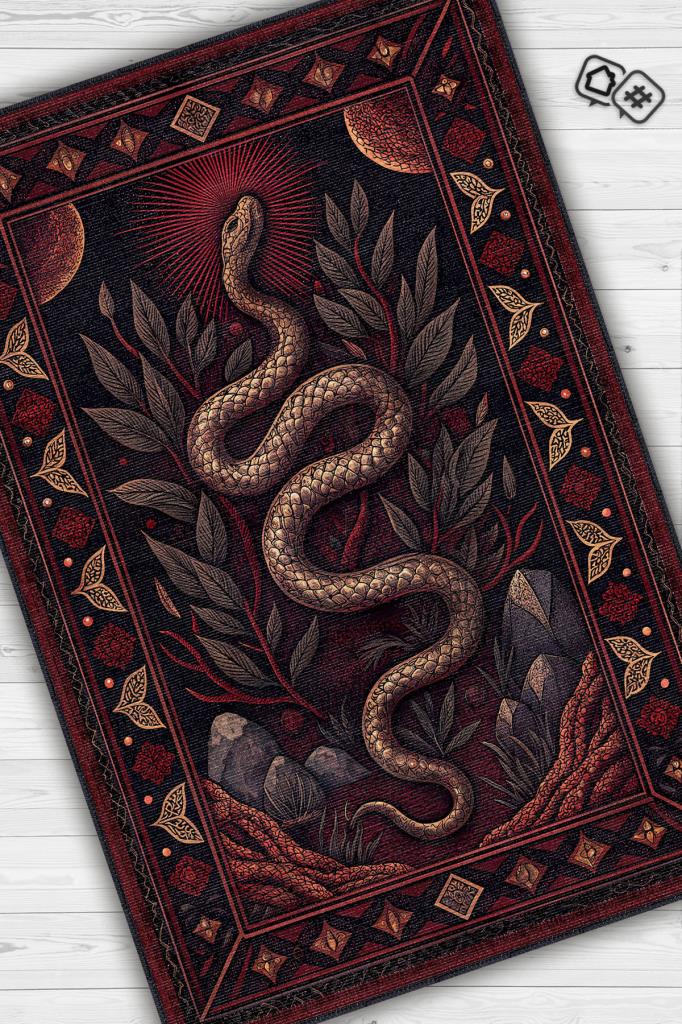 Gotik Yılan Temalı Halı Kırmızı Siyah Renkli Oturma Odası Halısı Yılan Figürlü Halı