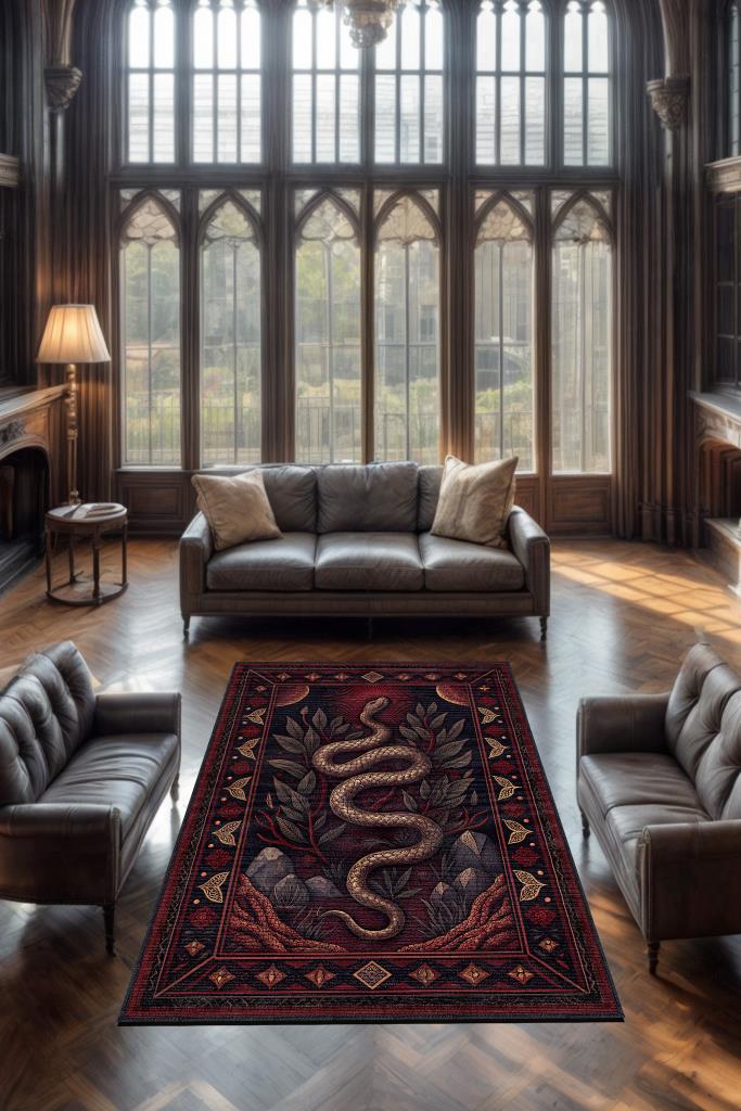 Gotik Yılan Temalı Halı Kırmızı Siyah Renkli Oturma Odası Halısı Yılan Figürlü Halı