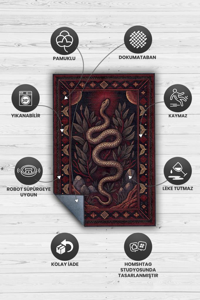 Gotik Yılan Temalı Halı Kırmızı Siyah Renkli Oturma Odası Halısı Yılan Figürlü Halı