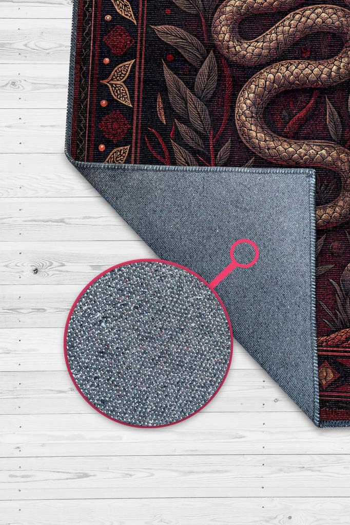 Gotik Yılan Temalı Halı Kırmızı Siyah Renkli Oturma Odası Halısı Yılan Figürlü Halı