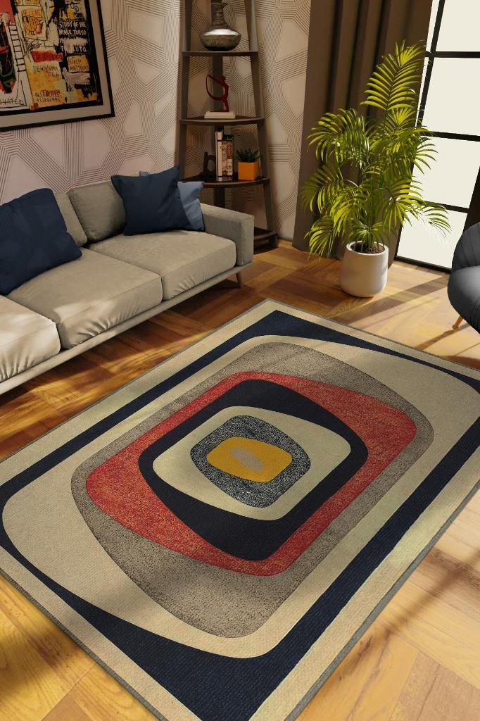 Göz, Soyut Soft Renkli Yıkanabilir Halı, Modern Tasarım Halı, Orijinal Oturma Odası Halısı, Krem, Lacivert, Bej Salon Halısı, Pamuklu Dokuma Tabanlı Yıkanabilir Dekoratif Salon Halısı