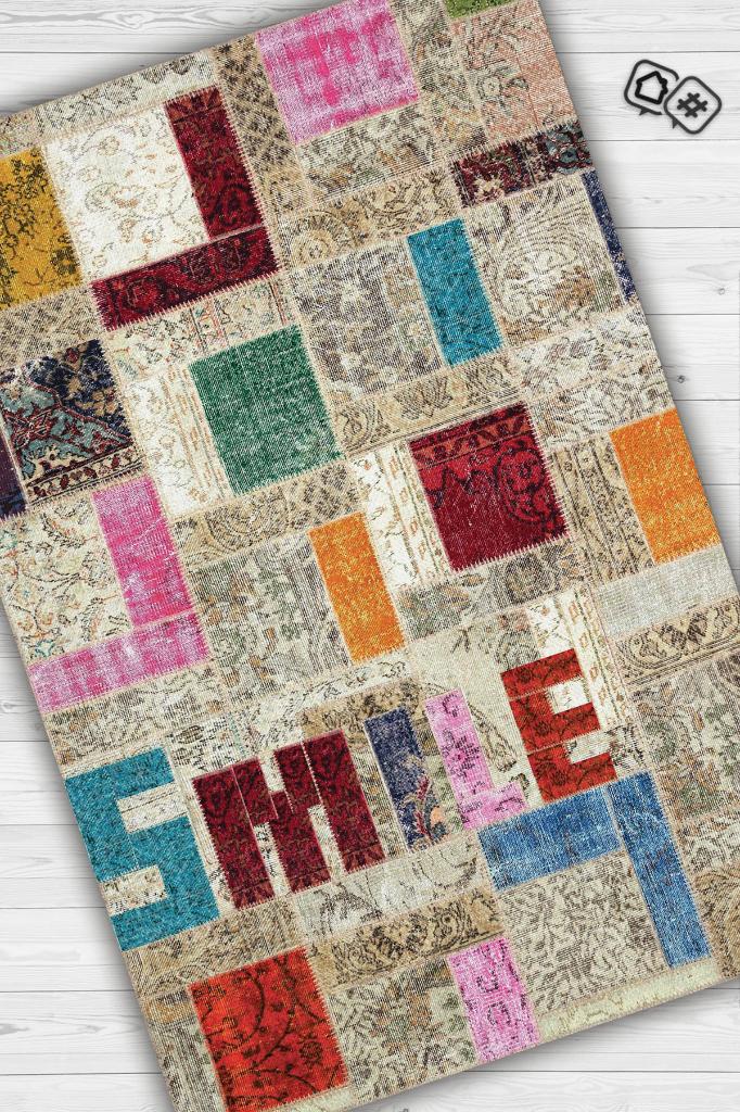 Gülümse Çok Renkli Halı Geometrik Oturma Odası Halısı Modern Kare Desenli Salon Halısı