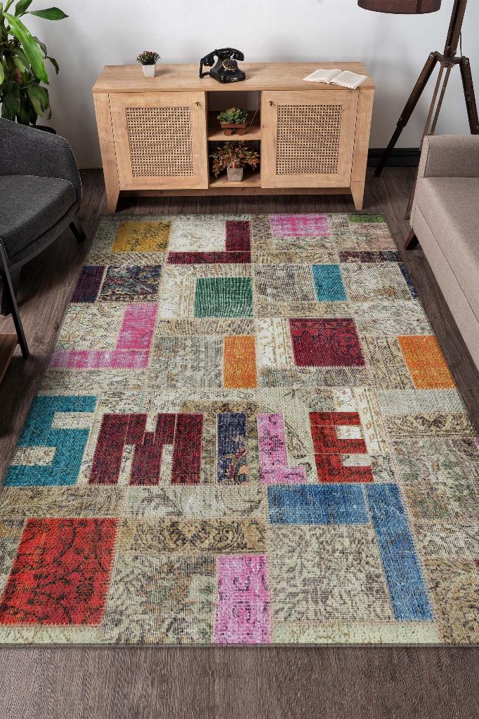 Gülümse Çok Renkli Halı Geometrik Oturma Odası Halısı Modern Kare Desenli Salon Halısı