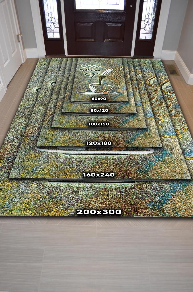Günaydın Yeşil Renki Halı Kahve Desenli Mutfak Halısı Sanatsal Salon Halısı Kahveli Halı