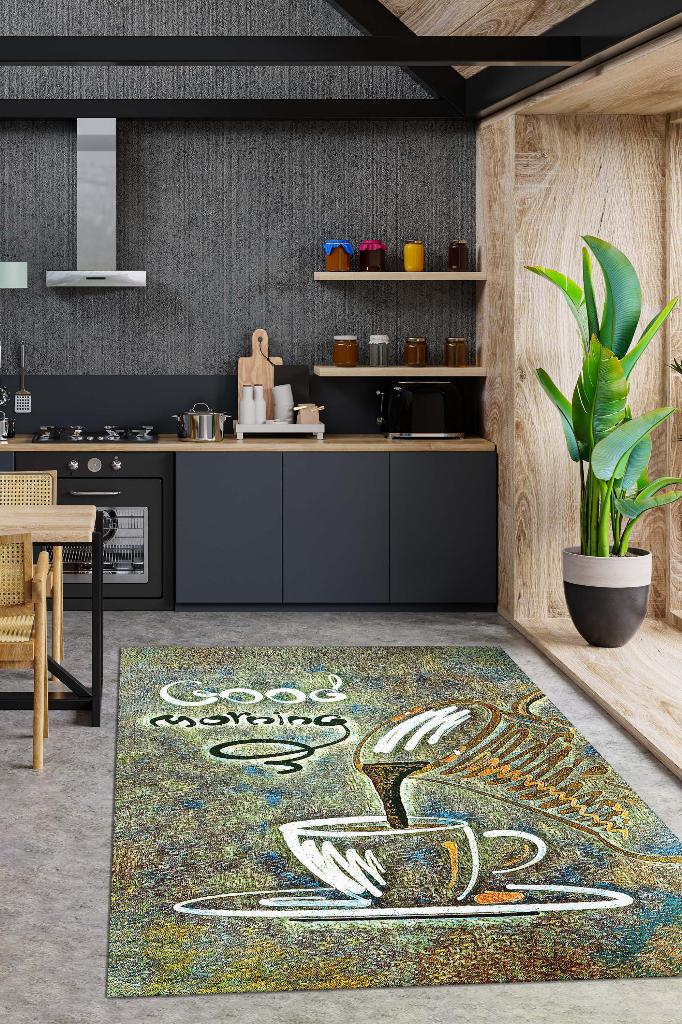 Günaydın Yeşil Renki Halı Kahve Desenli Mutfak Halısı Sanatsal Salon Halısı Kahveli Halı