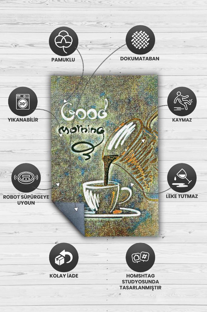 Günaydın Yeşil Renki Halı Kahve Desenli Mutfak Halısı Sanatsal Salon Halısı Kahveli Halı