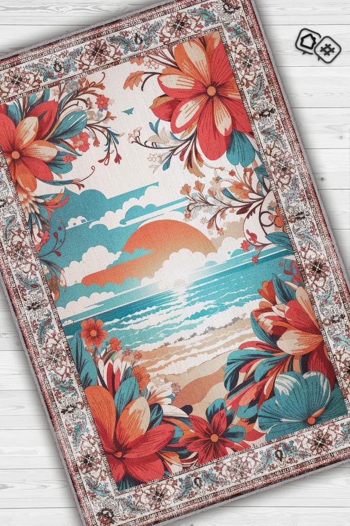 Günbatımı Temalı Salon Halısı Geometrik Desenli Çok Renkli Etnik Oturma Odası Halısı