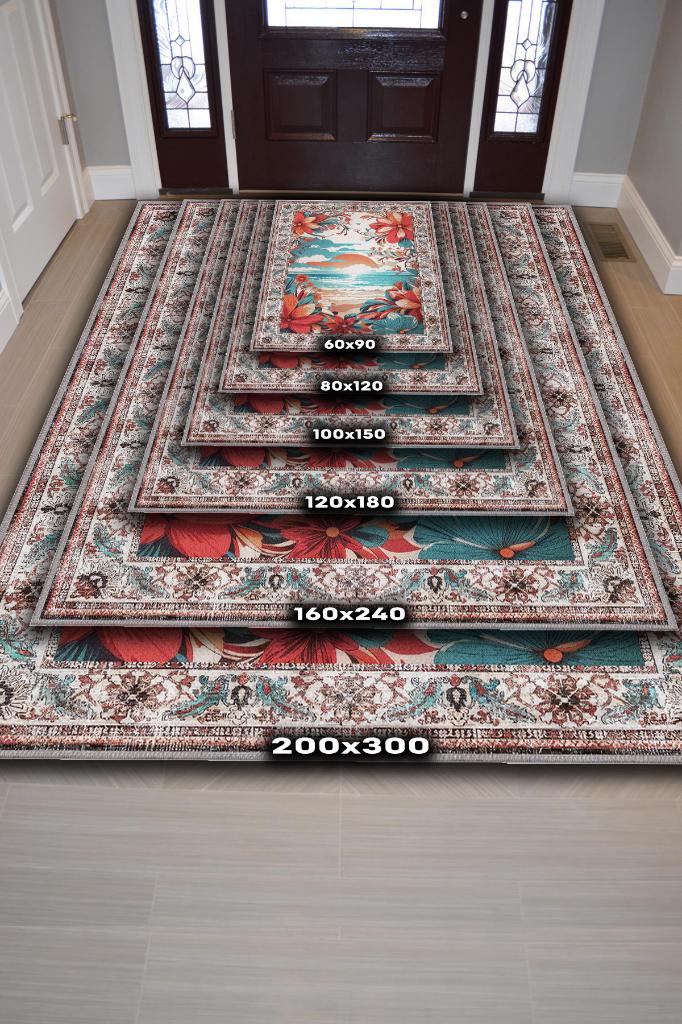 Günbatımı Temalı Salon Halısı Geometrik Desenli Çok Renkli Etnik Oturma Odası Halısı