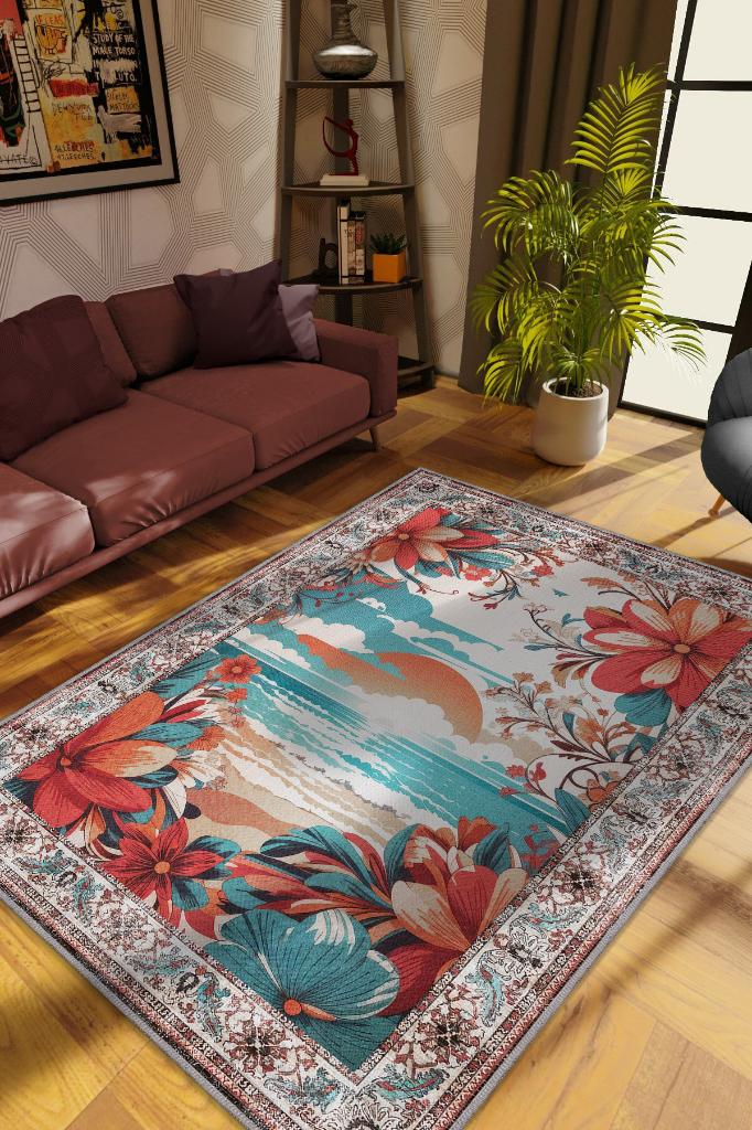 Günbatımı Temalı Salon Halısı Geometrik Desenli Çok Renkli Etnik Oturma Odası Halısı