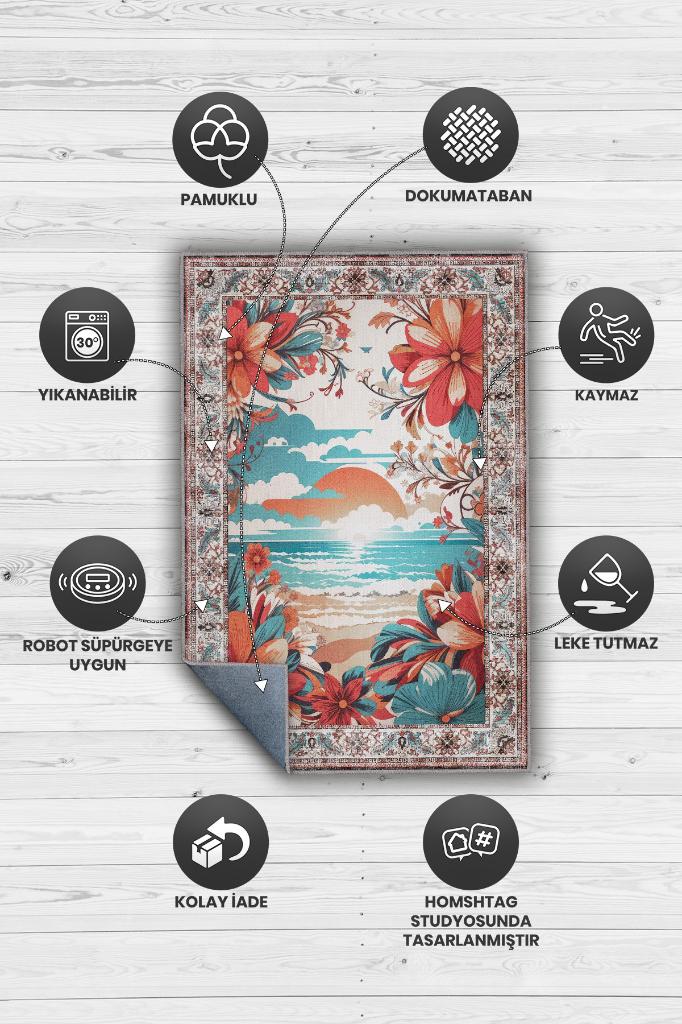 Günbatımı Temalı Salon Halısı Geometrik Desenli Çok Renkli Etnik Oturma Odası Halısı