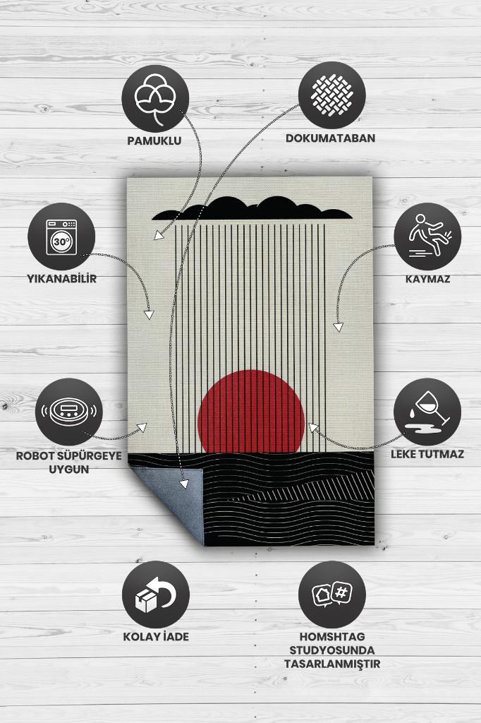 Günbatımında Denize Yağan Yağmur, Geometrik Desenli Özel Tasarım Halı, Yıkanabilir Minimalist Halı, Modern Çizgili Halı, Pamuklu Dokuma Tabanlı Yıkanabilir Dekoratif Ofis Halısı