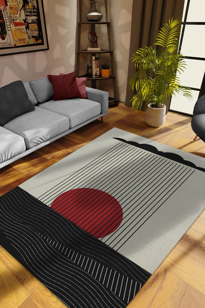 Günbatımında Denize Yağan Yağmur, Geometrik Desenli Özel Tasarım Halı, Yıkanabilir Minimalist Halı, Modern Çizgili Halı, Pamuklu Dokuma Tabanlı Yıkanabilir Dekoratif Ofis Halısı