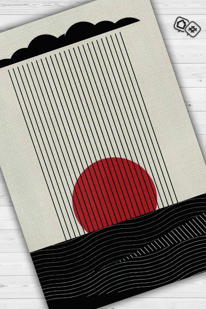 Günbatımında Denize Yağan Yağmur, Geometrik Desenli Özel Tasarım Halı, Yıkanabilir Minimalist Halı, Modern Çizgili Halı, Pamuklu Dokuma Tabanlı Yıkanabilir Dekoratif Ofis Halısı
