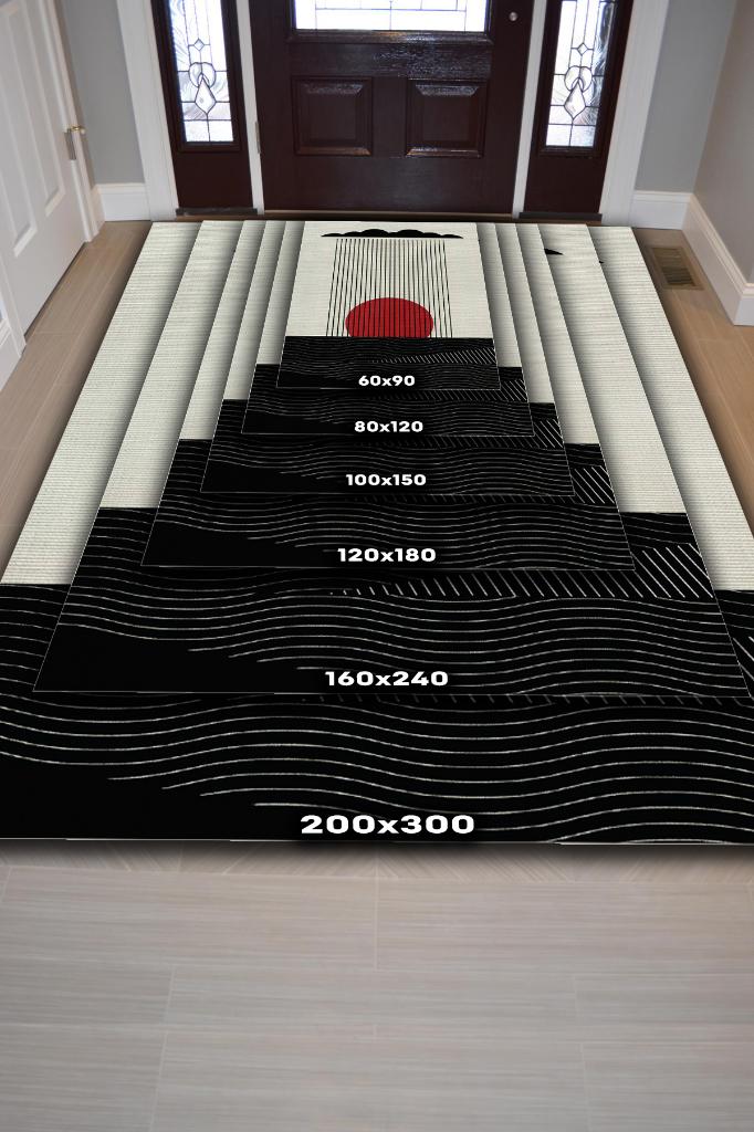 Günbatımında Denize Yağan Yağmur, Geometrik Desenli Özel Tasarım Halı, Yıkanabilir Minimalist Halı, Modern Çizgili Halı, Pamuklu Dokuma Tabanlı Yıkanabilir Dekoratif Ofis Halısı