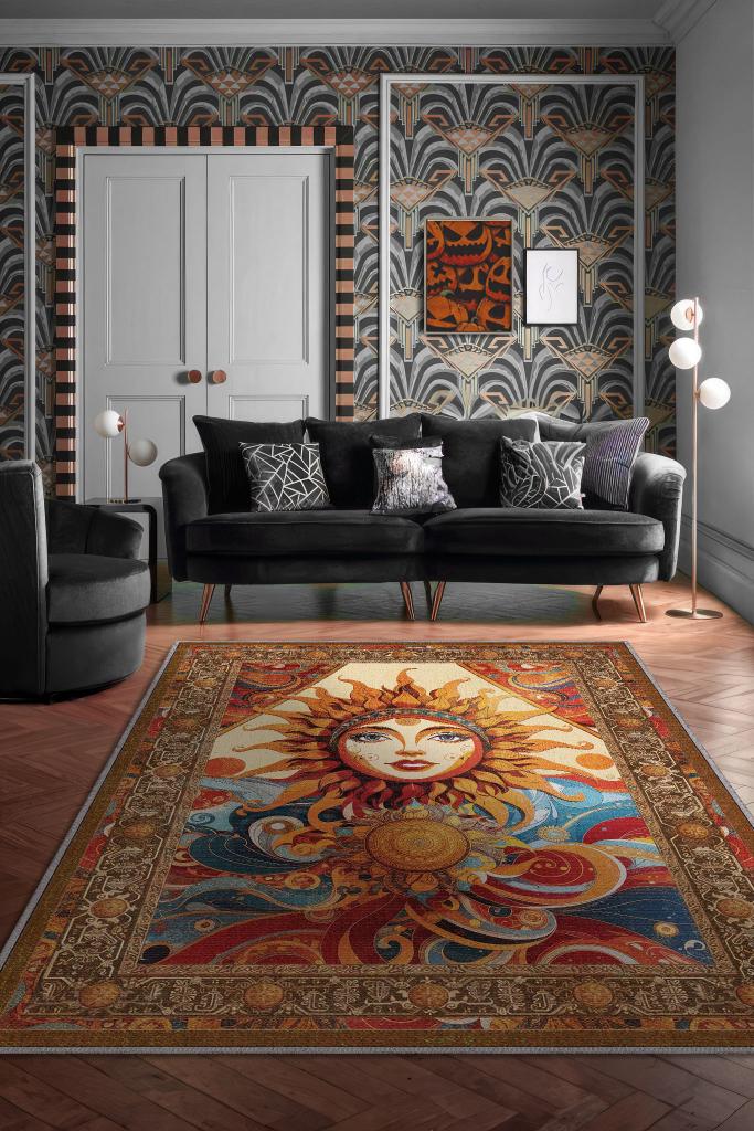 Güneş Temalı Çok Renkli Salon Halısı Hippie Ev Dekoru İndie Oda Dekoru Oturma Odası Halısı
