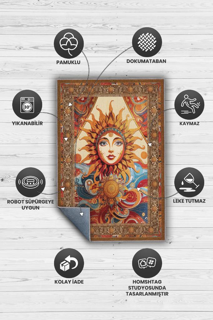 Güneş Temalı Çok Renkli Salon Halısı Hippie Ev Dekoru İndie Oda Dekoru Oturma Odası Halısı