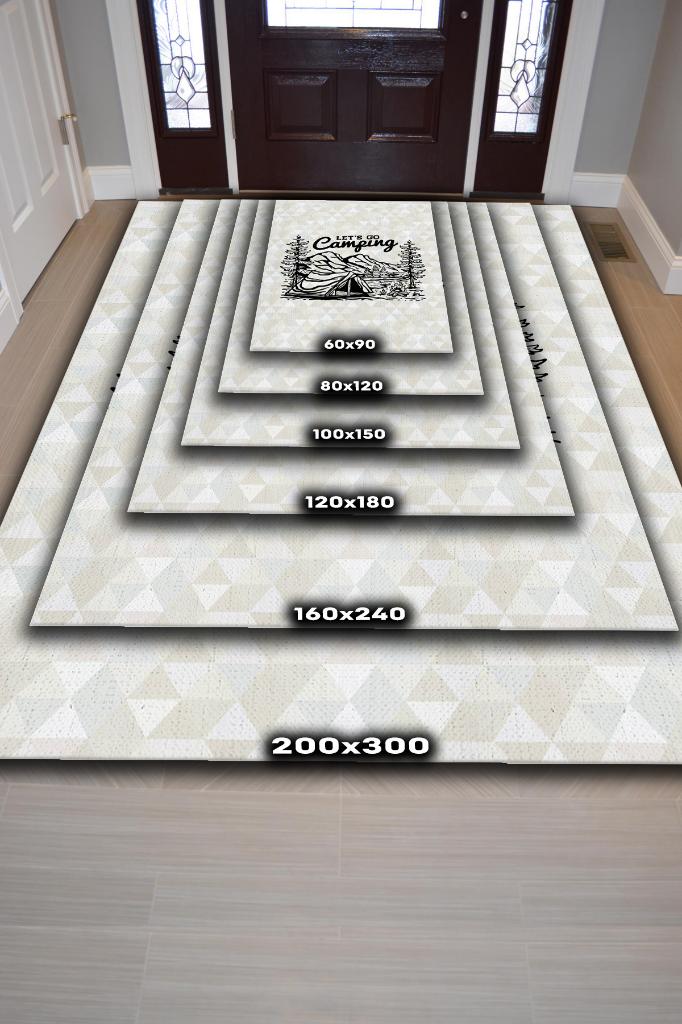 Hadi Kamplayalım, Karavan Halısı, Geometrik Desenli Soft Renkli Halı, Çadır Halısı, Kampçı Halısı, Seyahat Temalı Halı, Pamuklu Dokuma Tabanlı Yıkanabilir Dekoratif Halı