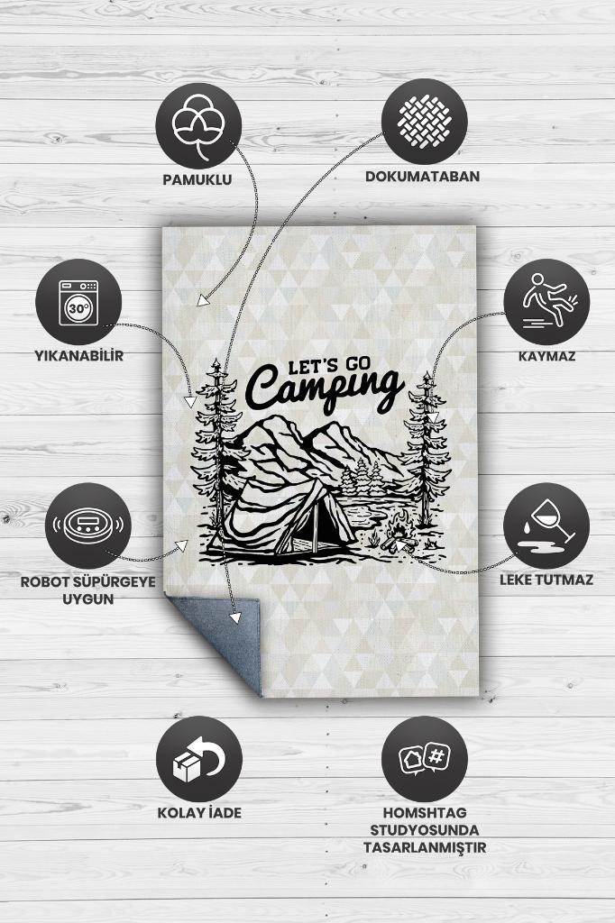 Hadi Kamplayalım, Karavan Halısı, Geometrik Desenli Soft Renkli Halı, Çadır Halısı, Kampçı Halısı, Seyahat Temalı Halı, Pamuklu Dokuma Tabanlı Yıkanabilir Dekoratif Halı