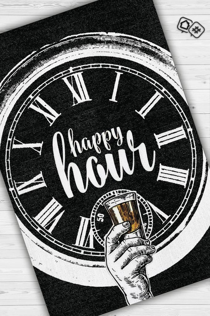 Happy Hour Siyah Renkli Halı Parti Severler İçin Özel Tasarım Halı Hediyelik Dokuma Halı