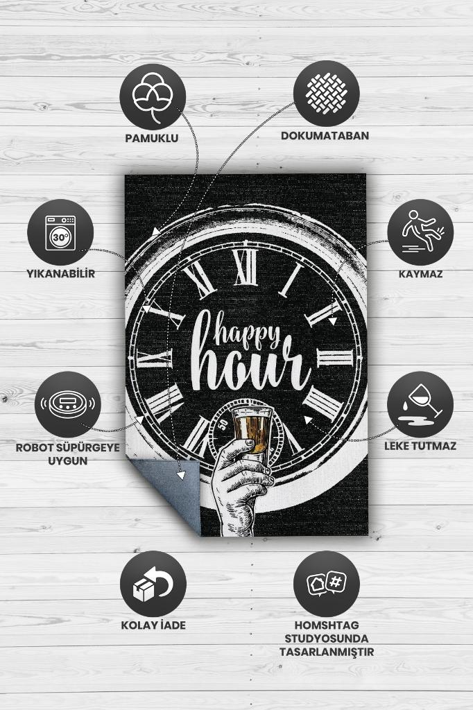 Happy Hour Siyah Renkli Halı Parti Severler İçin Özel Tasarım Halı Hediyelik Dokuma Halı